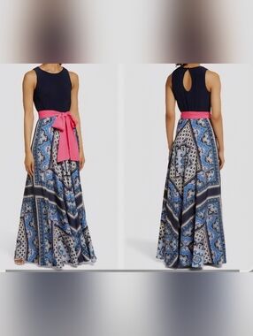 Eliza J Navy Tank Maxi Dress with Pink Sash and Blue Printed Skirt 8